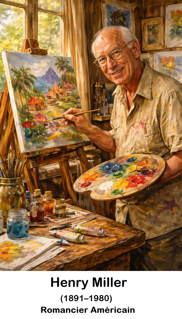 Henry Miller dans son atelier lumineux, il a peint toute sa vie, avec un style très coloré.